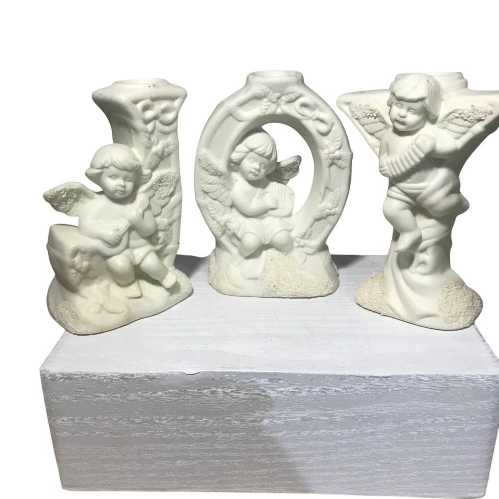 JOY Candle Holders Set Of 3 Angel Cherub Bisque